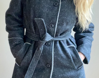 Vintage 60s Warm Long Wool Coat With Waist Tie