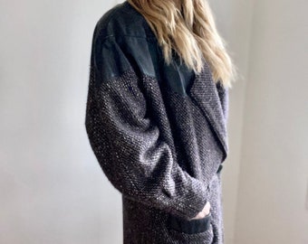 Vintage 80s Warm Long Coat with Leather Detail