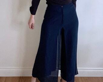 Vintage 90s Elegant High Waisted Flowy Navy Palazzo Pant