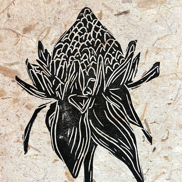 Original Linocut BlockPrint, 'Torch Ginger' in Black on Banana Leaf Paper, Tropical Wall Decor 5x7