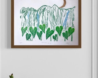 Ko’olau, Vol. 2, Montañas Ko’olau, O’ahu, Impresión en linóleo original, Decoración de pared de alta gama, Varios tamaños