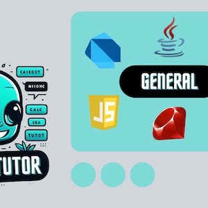 Könnte beinhalten: Ein blauer Roboter mit freundlichem Gesicht und Kopfhörern, umgeben von Sprechblasen mit codebezogenen Wörtern. Der Roboter steht vor einem schwarzen Banner mit dem Text "CHATCODE TUTOR". Das Bild zeigt auch Logos für verschiedene Programmiersprachen, darunter JavaScript, Python, Ruby, Java und Flutter.