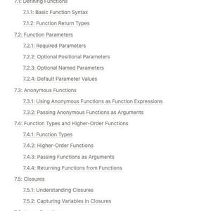 Pode incluir: Uma lista de t&oacute;picos relacionados a fun&ccedil;&otilde;es na programa&ccedil;&atilde;o, incluindo a defini&ccedil;&atilde;o de fun&ccedil;&otilde;es, par&acirc;metros de fun&ccedil;&otilde;es, fun&ccedil;&otilde;es an&ocirc;nimas, tipos de fun&ccedil;&otilde;es, fun&ccedil;&otilde;es de ordem superior, closures e fun&ccedil;&otilde;es ass&iacute;ncronas.