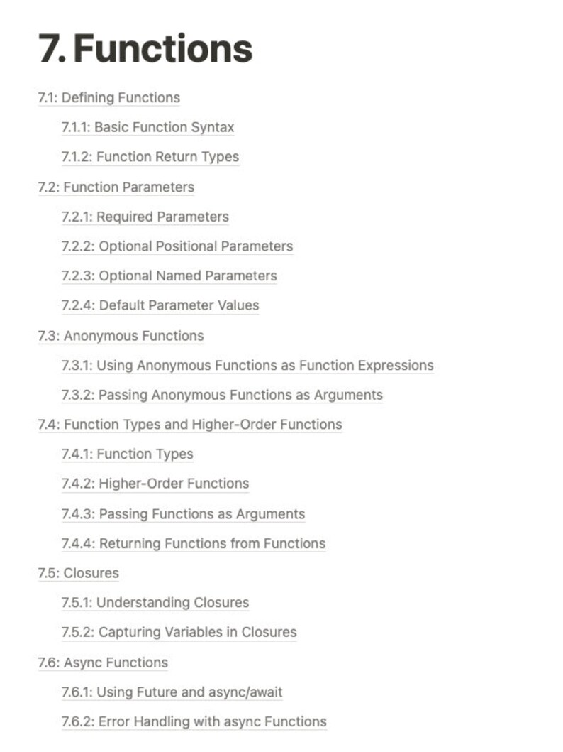 Pode incluir: Uma lista de t&oacute;picos relacionados a fun&ccedil;&otilde;es na programa&ccedil;&atilde;o, incluindo a defini&ccedil;&atilde;o de fun&ccedil;&otilde;es, par&acirc;metros de fun&ccedil;&otilde;es, fun&ccedil;&otilde;es an&ocirc;nimas, tipos de fun&ccedil;&otilde;es, fun&ccedil;&otilde;es de ordem superior, closures e fun&ccedil;&otilde;es ass&iacute;ncronas.