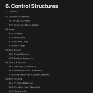 May include: A list of programming concepts related to control structures, including conditional statements, loops, loop control, switch statements, and error handling.