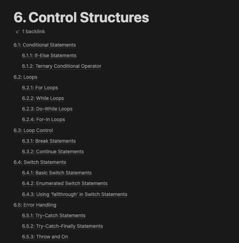 May include: A list of programming concepts related to control structures, including conditional statements, loops, loop control, switch statements, and error handling.