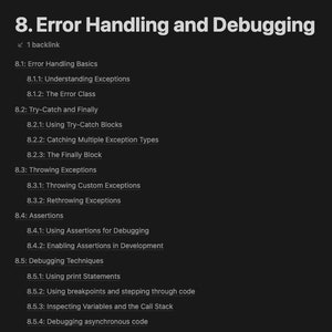 May include: A list of topics related to error handling and debugging in programming. The topics include understanding exceptions, try-catch blocks, throwing exceptions, assertions, and debugging techniques.