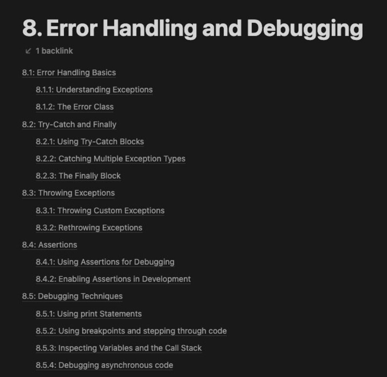 May include: A list of topics related to error handling and debugging in programming. The topics include understanding exceptions, try-catch blocks, throwing exceptions, assertions, and debugging techniques.