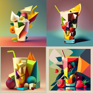 Puede incluir: Cuatro ilustraciones coloridas de diferentes batidos de frutas. Cada batido está hecho con fruta fresca y se sirve en un vaso. Los batidos son de diferentes colores y tienen diferentes frutas.