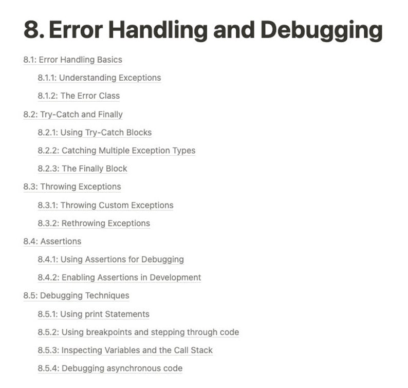 Pode incluir: Uma lista de t&oacute;picos relacionados ao tratamento de erros e depura&ccedil;&atilde;o na programa&ccedil;&atilde;o. Os t&oacute;picos incluem a compreens&atilde;o de exce&ccedil;&otilde;es, blocos try-catch, lan&ccedil;amento de exce&ccedil;&otilde;es, asser&ccedil;&otilde;es e t&eacute;cnicas de depura&ccedil;&atilde;o.