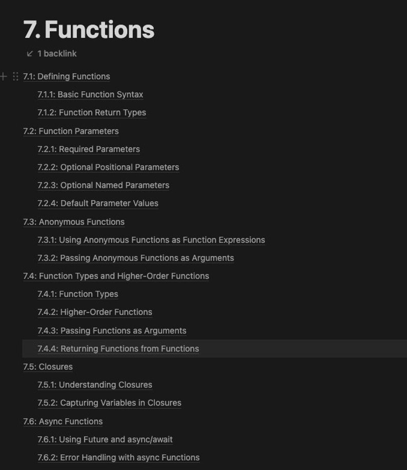 May include: A diagram outlining the different types of functions in programming, including defining functions, function parameters, anonymous functions, function types, higher-order functions, closures, and asynchronous functions.