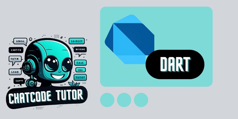 Pode incluir: Um rob&ocirc; azul esverdeado com um rosto amig&aacute;vel e fones de ouvido, vestindo uma camiseta preta com o texto "CHATCODE TUTOR" em branco. O rob&ocirc; est&aacute; cercado por pequenas bolhas de di&aacute;logo com palavras relacionadas ao c&oacute;digo. Do lado direito da imagem, &eacute; mostrada uma forma geom&eacute;trica azul e branca com a palavra "DART" em texto branco sobre um oval preto.