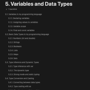 May include: A diagram outlining the concepts of variables and data types in programming languages. The diagram includes sections on declaring variables, assigning values, variable scope, final and const variables, basic data types, type inference, dynamic types, type conversion, and casting.