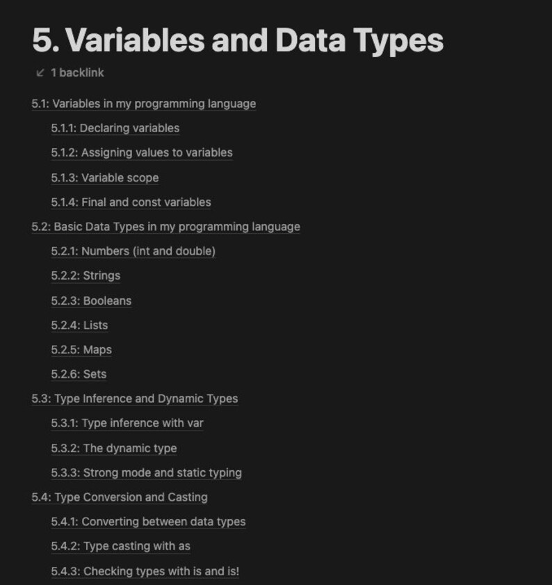 May include: A diagram outlining the concepts of variables and data types in programming languages. The diagram includes sections on declaring variables, assigning values, variable scope, final and const variables, basic data types, type inference, dynamic types, type conversion, and casting.