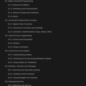May include: A list of intermediate and advanced programming concepts, including object-oriented programming, functional programming, asynchronous programming, concurrency, modules, libraries, packages, metaprogramming, and performance optimization.