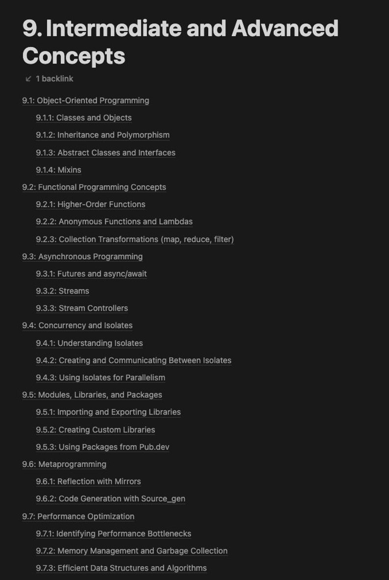 May include: A list of intermediate and advanced programming concepts, including object-oriented programming, functional programming, asynchronous programming, concurrency, modules, libraries, packages, metaprogramming, and performance optimization.