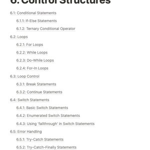 Pode incluir: Um diagrama que descreve os diferentes tipos de estruturas de controle usadas na programa&ccedil;&atilde;o, incluindo instru&ccedil;&otilde;es condicionais, loops, controle de loops, instru&ccedil;&otilde;es switch e tratamento de erros.