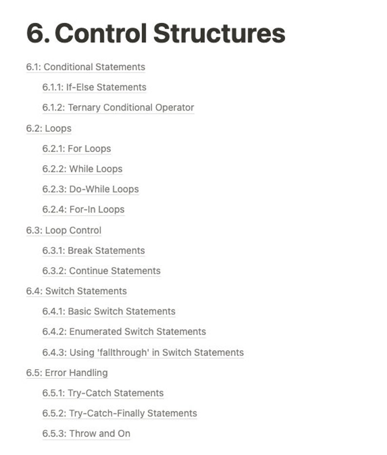 Pode incluir: Um diagrama que descreve os diferentes tipos de estruturas de controle usadas na programa&ccedil;&atilde;o, incluindo instru&ccedil;&otilde;es condicionais, loops, controle de loops, instru&ccedil;&otilde;es switch e tratamento de erros.