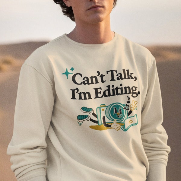 Photography Sweater - Can't Talk, I'm Editing Cream Retro Mascot Photography Unisex Crewneck - 70s Blue and Yellow Design