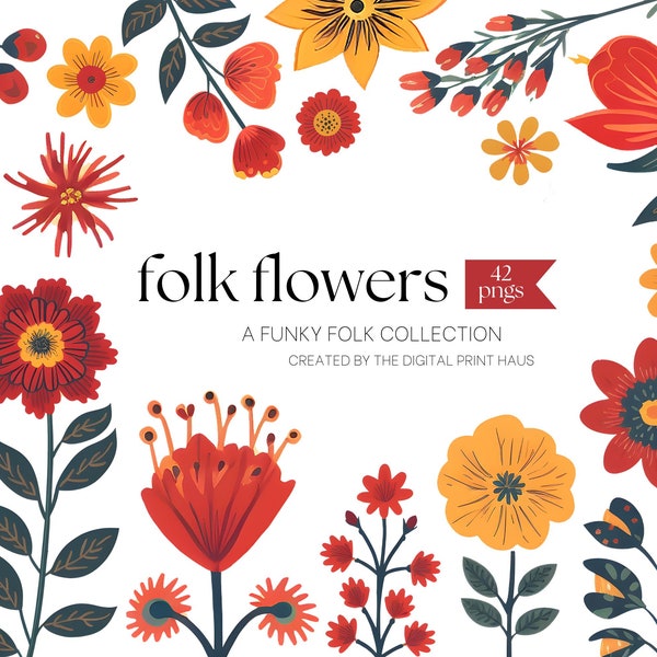 42 Folklore Blumen Clipart - Skandinavische Blumen Clipart, botanische digitale Datei, einfach, vorgefertigte Clipart für Einladungen, Kartenherstellung, PNG, SVG