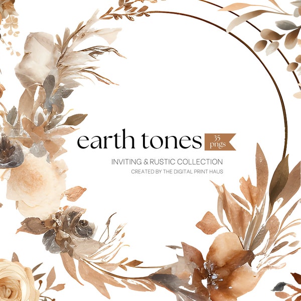 35 Earth Tone Floral Wreath Clipart - Watercolor Roses, Flower Wreaths, Premade Wedding Clipart Invitations, Card Making, Digital Craft, PNG