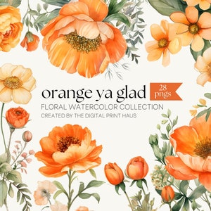 28 Orange Floral Clipart - Watercolor Roses, Watercolor Flowers, Premade Wedding Clipart for Invitations, Card Making, Digital Scrapbooking