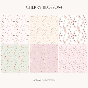 May include: Six seamless patterns featuring cherry blossom motifs in various shades of pink, white, and light green. The text CHERRY BLOSSOM appears at the top, and 6 SEAMLESS PATTERNS is printed at the bottom of this digital graphic design set.