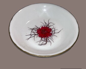 Beautiful ring/jewelry round dish.  4 1/4” dish w red rose, greenery and green rim.