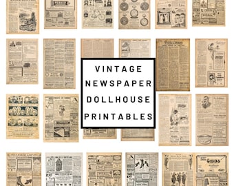 May include: A collection of vintage newspaper printables featuring aged paper textures, black ink typography, and historical advertisements. The grid displays various layouts with illustrations of pocket watches, bicycles, and fashion, centred by the text VINTAGE NEWSPAPER DOLLHOUSE PRINTABLES.