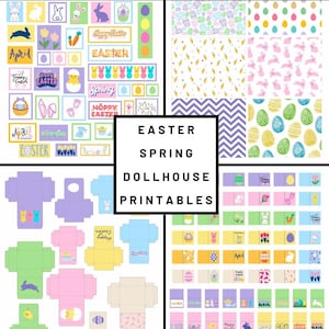 Puede incluir: Miniaturas de casa de muñecas imprimibles con temática de Pascua y primavera. El conjunto incluye una variedad de patrones, incluyendo conejos, huevos, flores y las palabras "Feliz Pascua" y "Abril".