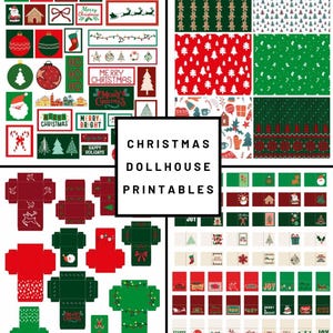 Pode incluir: Decorações imprimíveis para casa de bonecas de Natal com padrões vermelhos e verdes, caixas e dizeres festivos como "Feliz Natal" e "Alegria".