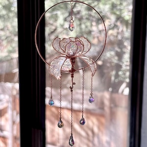 Holographic Window Suncatcher Car Rear view Mirror accessory Copper wire epoxy Iris flower grief gift rainbow prism decor handmade unique