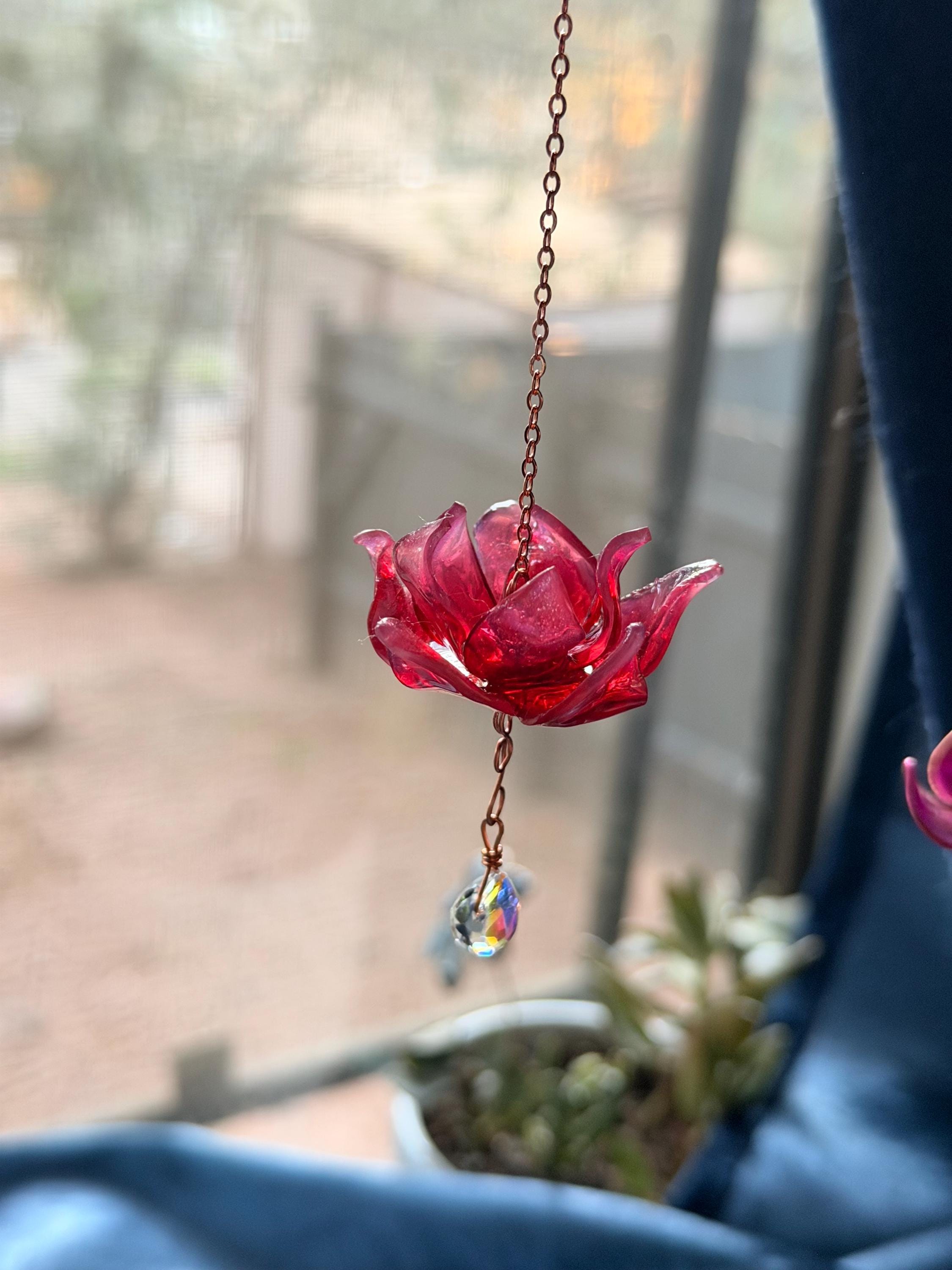Red Lotus Rear View Mirror Copper Wire & Resin Flower Suncatcher