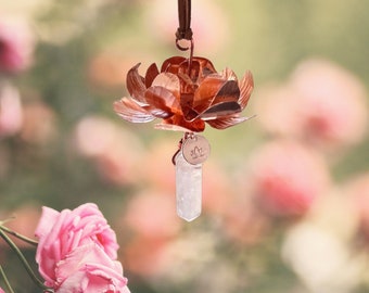 Copper lotus flower Rear view Mirror suncatcher car accessory gem crystal window dangle decor handmade gift suede leather charm customize