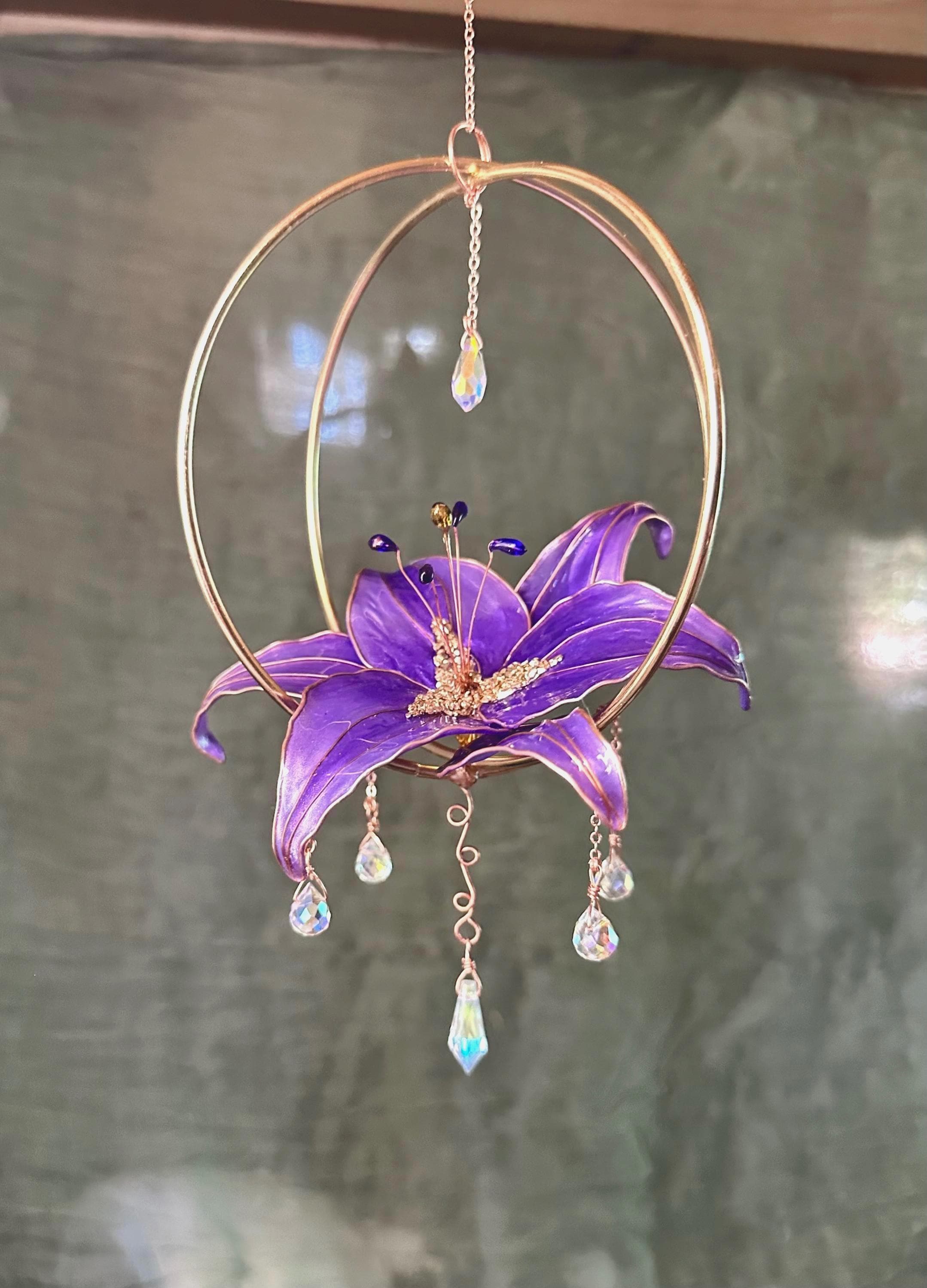 A Stargazer Lily suncatcher copper wire and uv resin prism Handmade custom gift grieving window dangle crystal home wall hang nursery decor