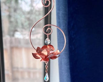 Window Pure Copper lotus flower and rainbow prism dangle rear view mirror car decor wire wall art lotus garden decoration gift teacher her