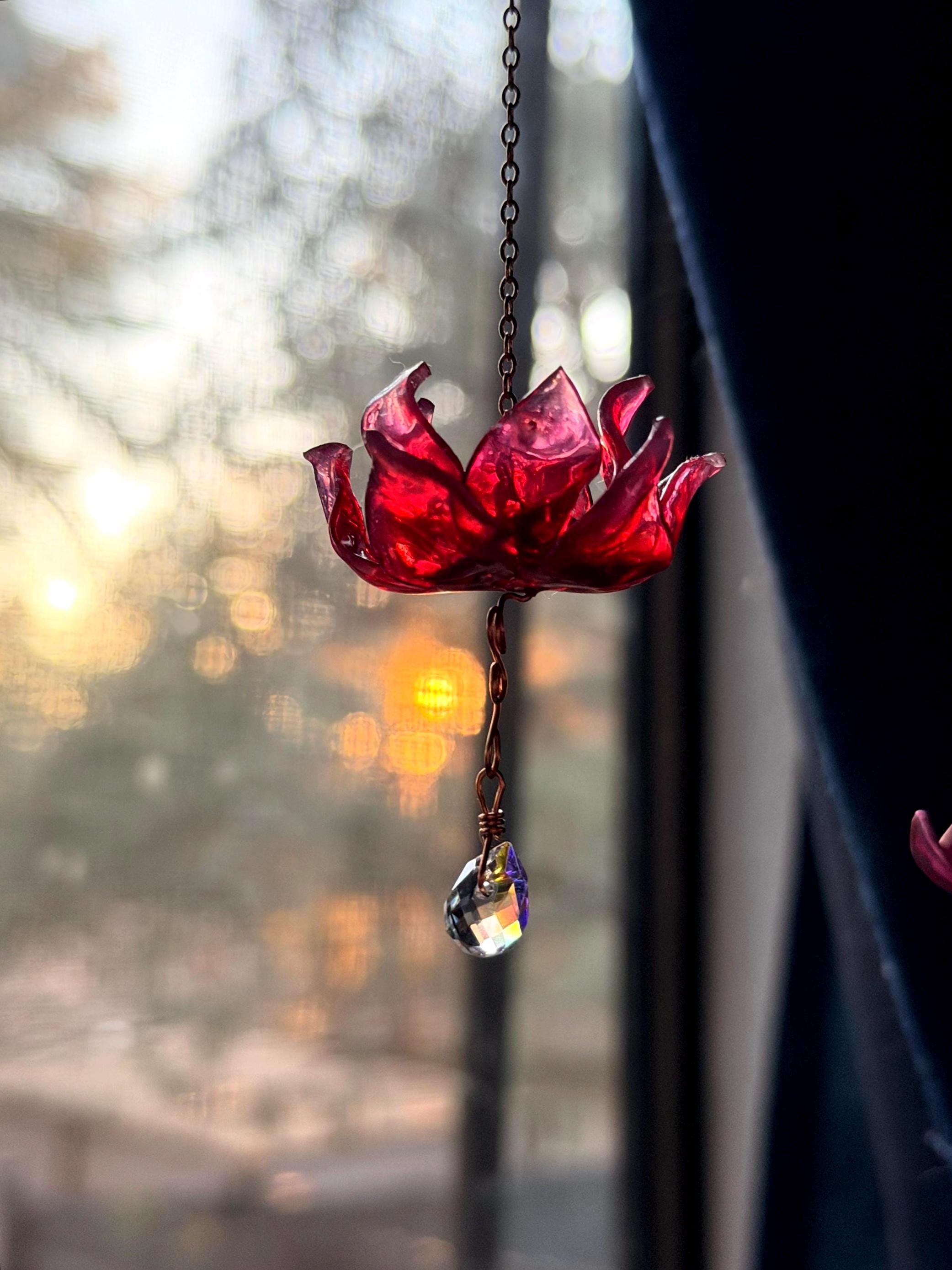 在庫SALE!瑪瑙　デンドリティック共生　ゾウ　カービング Red Lotus Rear View Mirror Copper Wire & Resin Flower Suncatcher