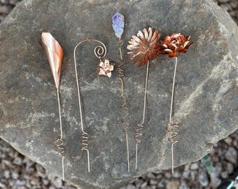 Small Pure Copper plant spike forever flower potted plant electroculture garden decor natural metal new home gift cute floral handmade stake
