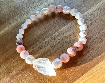 Gorgeous Hollandite Crystal Quartz, Pink Opal, Howlite, and fresh water pearl bracelet, jewelry, Gemstone, Opal, Pearl, beaded bracelet,