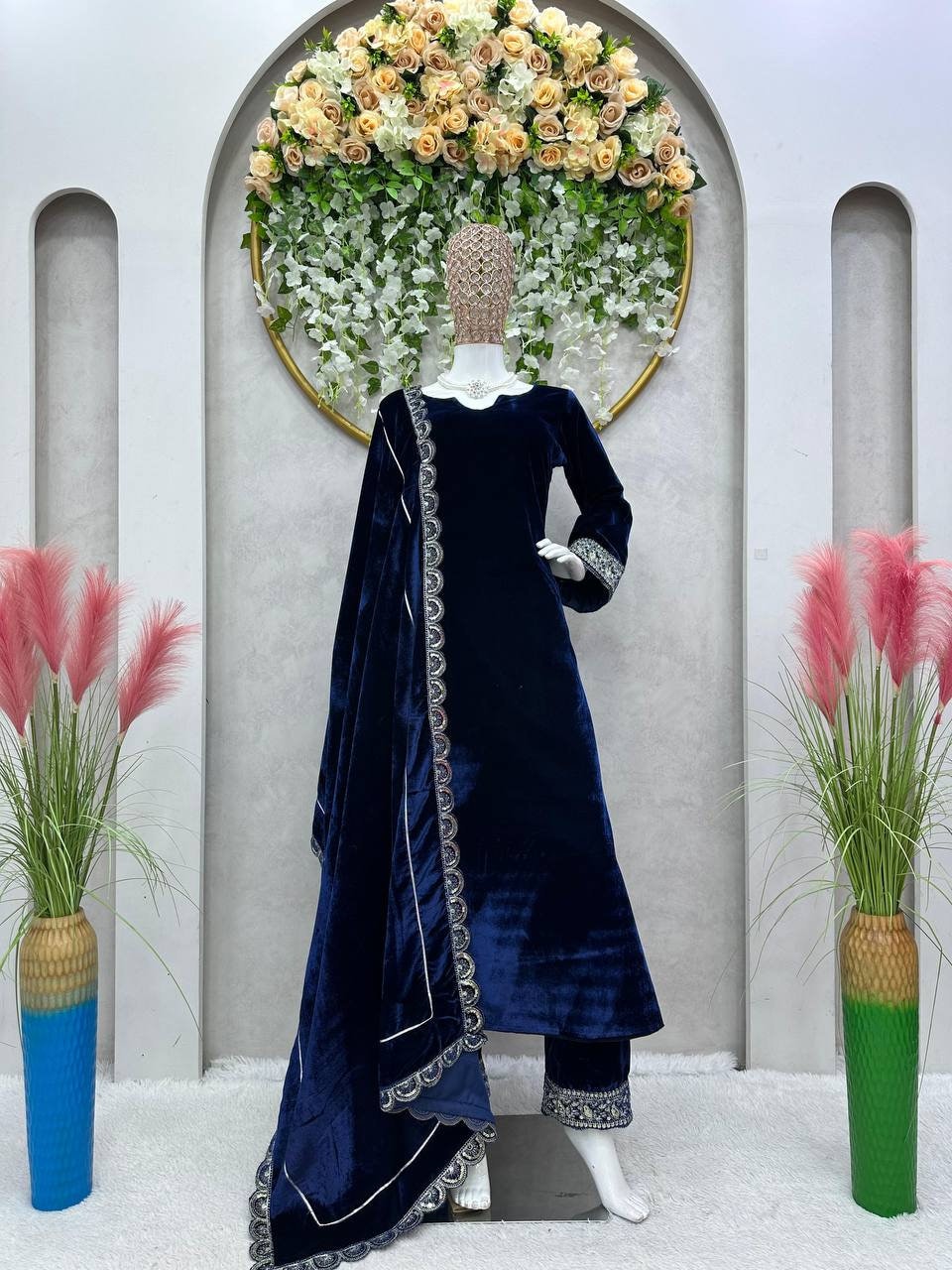 Blue Premium velvet Farshi Salwar Set with Heavy Designer lace Duppata main image 1