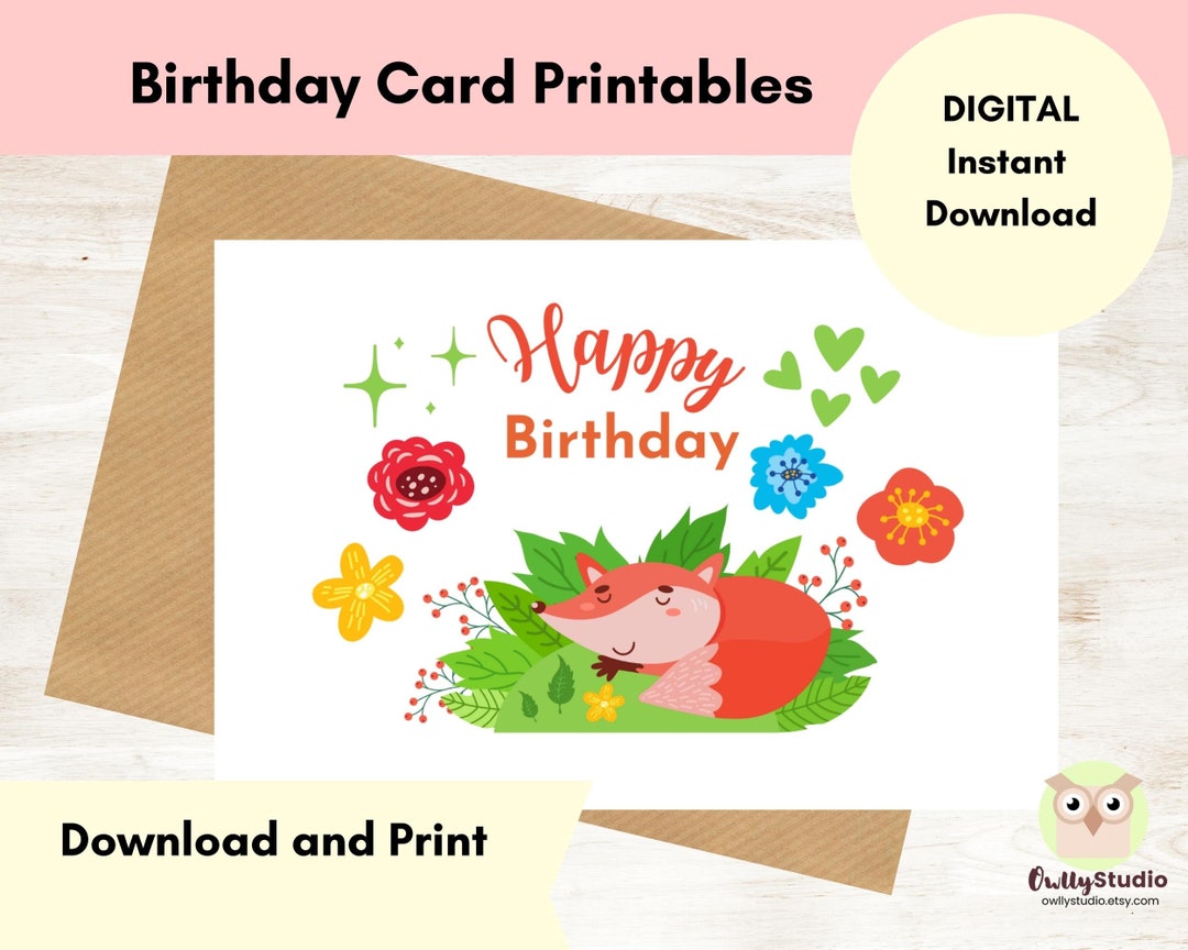Printable Birthday Card, Happy Birthday Digital Printable Card, Cute ...