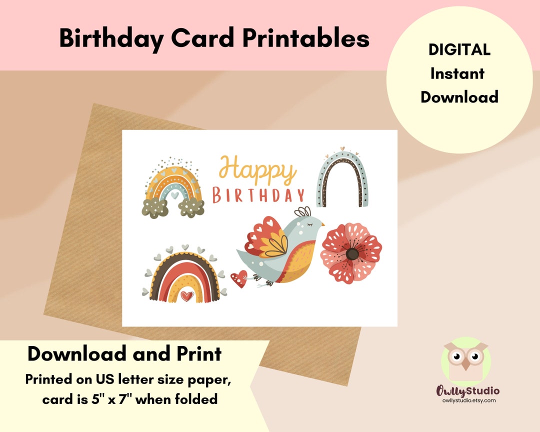 Printable Birthday Card, Happy Birthday Digital Printable Card, Cute ...