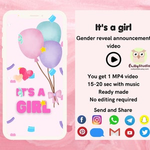 Gender Reveal Video Girl, Digital Gender Reveal Video for Social Media, Digital Pregnancy Announcement, Baby Announcement, Cute, Bear, #2