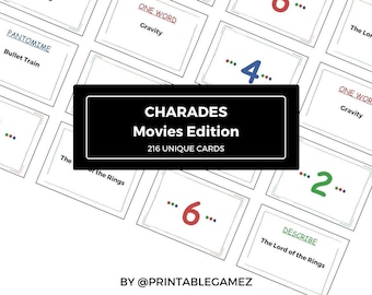 Movie Charades Game: 216 Unique Cards, Family Party (Printable)