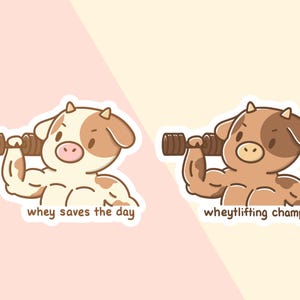 May include: Two cartoon cow stickers. One is cream and brown, lifting a dumbbell, with the text "whey saves the day." The other is brown, lifting a dumbbell, with the text "wheylifting champion." Both are on a pink and yellow background.