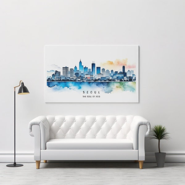 Seoul The Soul of Asia Vibrant Watercolor Digital Wall Art, Urban Expressive Contemporary City Skyline Wall Art, Home & Office decor