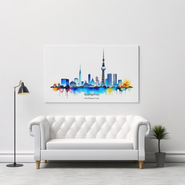 Guangzhou The Flower City Vibrant Watercolour Digital Wall Art, Urban Expressive Contemporary City Skyline Wall Art, Home & Office decor