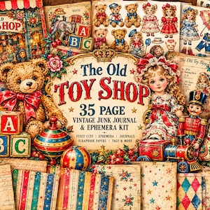 May include: A 35-page vintage junk journal and ephemera kit titled The Old Toy Shop, featuring illustrations of a teddy bear, a doll, a nutcracker, a rocking horse, alphabet blocks, a spinning top, and various patterned scrapbook papers.