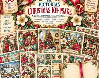 May include: A 30-page printable junk journal kit titled The Victorian Christmas Keepsake, featuring vintage-style illustrations of Christmas trees, Santa Claus, robins, poinsettias, pomegranates, and decorative labels for creative projects.