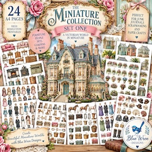 Può includere: Una collezione di 24 pagine A4 con illustrazioni in miniatura stampabili a tema vittoriano, tra cui una grande casa, mobili, persone, animali domestici ed elementi da giardino, con il testo The Miniature Collection Set One e Blue Wren Designs.